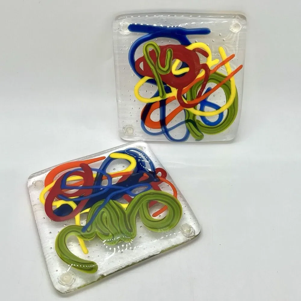 OOAK Set Of 2 Colorful Squiggle Art Glass Coasters Paperweights
